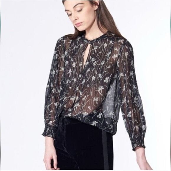Veronica Beard Walker Peasant Blouse Silk Blend Black Floral Sheer Top Size 0 - Picture 1 of 6